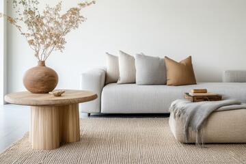 Serene Scandinavian Living Room with Light Wood Accents and Earthy Textiles in a Stylish Side Shot