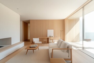 Serene Scandinavian Living Room with Light Wood Accents and Earthy Palette, Captured in Elegant Wide-Angle Shot with Natural Light
