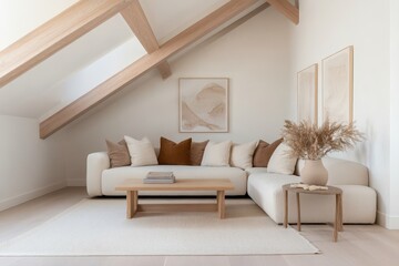 Fototapeta premium Modern Scandinavian Living Room with Exposed Wood Beams in Soft Lighting - Serene Earth-Toned Decor