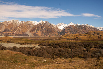 The Hakatere conservation park nestled in valley  below the snow covered peaks of the Southern alps very close to Erewhon station