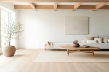 Cozy Scandinavian-Inspired Living Room with Oak Beams and Earthy Accents in Muted Tones - Modern Interior Design Concept