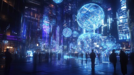 A futuristic cityscape with a large blue sphere in the center