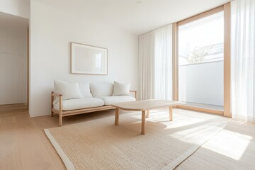 Fototapeta premium Serene Scandinavian Living Room with Light Wood Accents and Linen Upholstery in Wide-Angle Shot