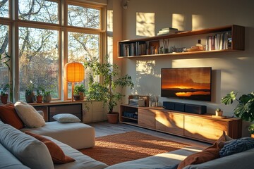 Serene Modern Scandinavian Living Room with Light Wood Shelving and Earth-Toned Accents