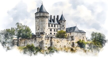 A soft watercolor depiction of a medieval French castle, highlighting its picturesque setting and timeless appeal. The white background enhances the castle's historic charm, making it the focal 