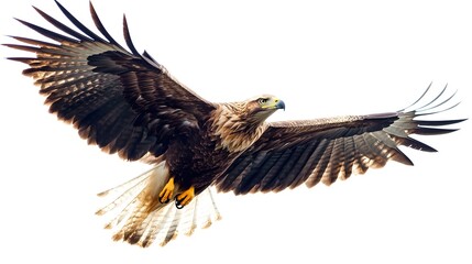Obraz premium Majestic Eagle Soaring Gracefully with Outstretched Wings Against a Clean White Background