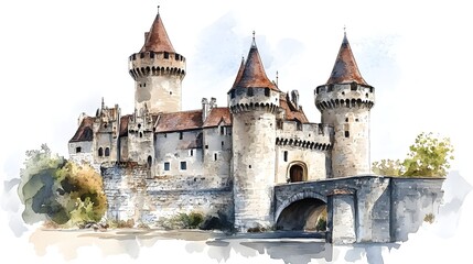 Fototapeta premium A soft watercolor depiction of a medieval French castle, highlighting its picturesque setting and timeless appeal. The white background enhances the castle's historic charm, making it the focal 