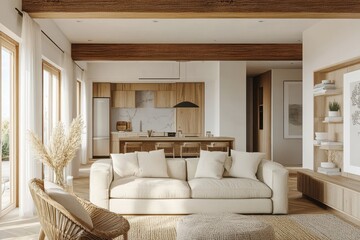 Fototapeta premium Tranquil Scandinavian Living Room with Exposed Wood Beams and Earth-Toned Decor in Soft Lighting, Side Shot Perspective