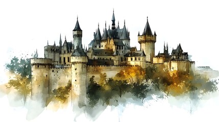 Fototapeta premium A detailed watercolor illustration of a medieval castle in France, with towering spires and fortified walls. The white background emphasizes the castle's historic charm and architectural beauty 