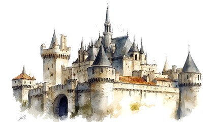 Fototapeta premium A detailed watercolor illustration of a medieval castle in France, with towering spires and fortified walls. The white background emphasizes the castle's historic charm and architectural beauty 