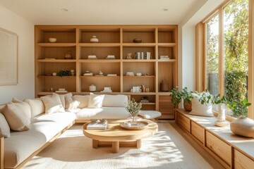 Bright and Airy Modern Scandinavian Living Room with Light Wood Shelving and Earth-Toned Accents, Featuring Natural Light in Wide-Angle Shot