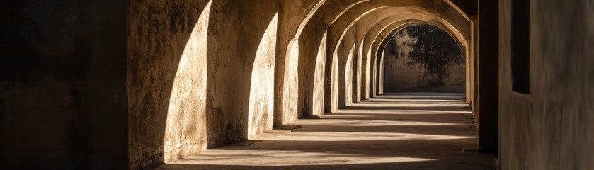 Naklejka premium Sunlit Arched Corridor with Shadows in an Ancient Stone Building