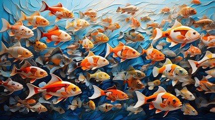 A stunning display of aquatic life, with each fish rendered in a different style - from abstract to realistic - against a clean and crisp background, creating a visually dynamic and captivating image.