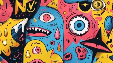 Obraz premium Abstract Colorful Graffiti Wall Art with Cartoon Eyes and Mouths