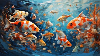 A stunning display of aquatic life, with each fish rendered in a different style - from abstract to realistic - against a clean and crisp background, creating a visually dynamic and captivating image.