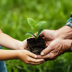 Hands of a child taking a plant from elderly a man