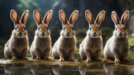 A unique and creative scene, with a group of lapins debout balancing on their pattes, their long ears twitching as they explore the transparent surface beneath them, their curious expressions captured