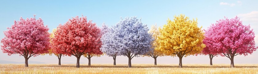 Naklejka premium Spring orchard with trees blossoming in a riot of colors, spring bloom, dynamic seasonal orchard