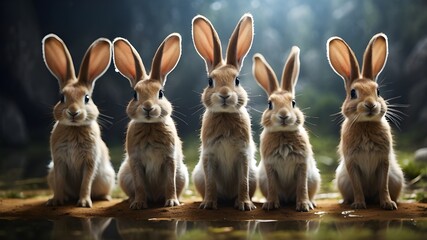 A unique and creative scene, with a group of lapins debout balancing on their pattes, their long ears twitching as they explore the transparent surface beneath them, their curious expressions captured