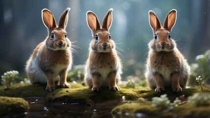 A unique and creative scene, with a group of lapins debout balancing on their pattes, their long ears twitching as they explore the transparent surface beneath them, their curious expressions captured