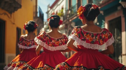 Naklejka premium A vibrant group of Mexican women in traditional floral-patterned red and orange dresses, dancing joyfully on a lively street surrounded by colorful buildings. The close-up captures the intricate textu