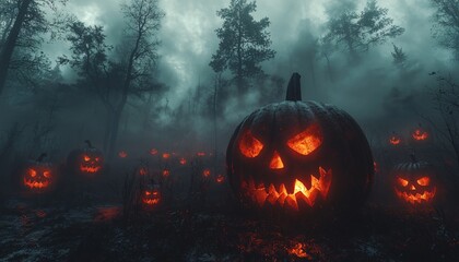 Fototapeta premium A dramatic Halloween scene featuring glowing pumpkins in a foggy forest, perfect for spooky events and themed decor, with copy space.