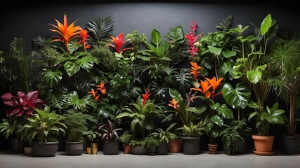 On a black wall, numerous tropical plants with vivid colors are