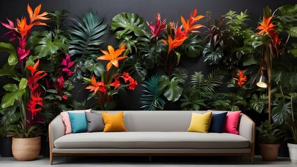 On a black wall, numerous tropical plants with vivid colors are
