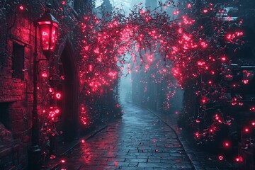 A mystical red-lit alleyway perfect for Halloween, evoking a spooky yet magical atmosphere, ideal for themed events and decor with copy space.