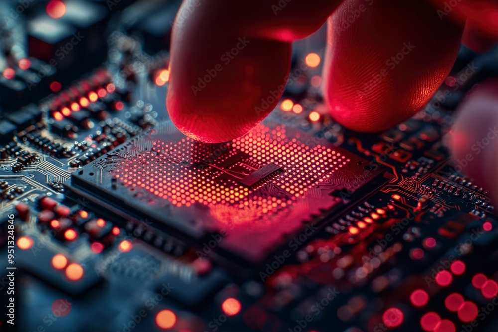 Poster close-up of a red-lit computer chip on a circuit board