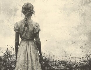 Naklejka premium A spooky ghostly girl in a vintage dress, perfect for Halloween-themed designs and eerie atmospheres with copy space.