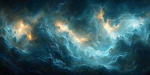 Obraz premium A dramatic night sky with swirling clouds in shades of black, blue, and dark teal, perfect for Halloween-themed designs, with copy space.