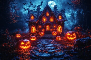 A spooky Halloween background featuring a ghostly house, illuminated by jack-o-lanterns and bats in the night sky, perfect for Halloween invitations and decorations with copy space.