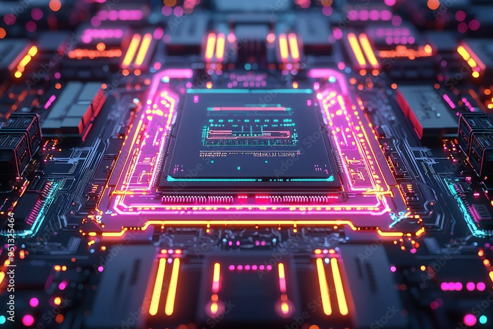 Poster futuristic circuit board with neon lights and a central processing unit