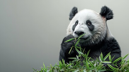 Obraz premium Giant panda eating bamboo on a white background