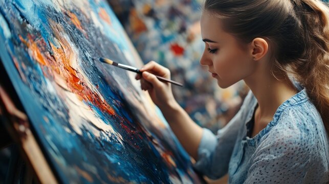 Thoughtful woman artist working on painting. Girl outstretched hand with brush reaches for canvas, making careful thoughtful strokes, creating masterpieces. Working process in art gallery, hobby