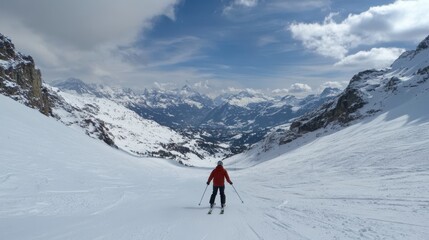 Majestic Snow-Capped Peaks and a Lone Skier in the Swiss Alps