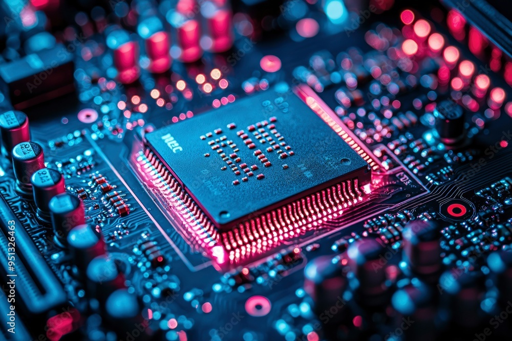 Poster close-up of a motherboard with a processor illuminated in pink