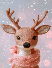 Naklejka premium Cute knitted reindeer toy with a brown scarf surrounded by festive decorations and pine branches on a white snowy background.