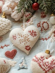 Fototapeta premium Handmade heart-shaped Christmas ornaments with intricate embroidery, adding a personal touch to holiday decorations.