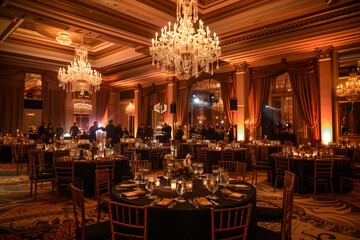 Opulent Charity Gala in a Luxurious Hotel Ballroom with Grand Décor