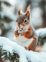 Fototapeta premium Cute squirrel holding a berry, perched on a snowy pine branch, surrounded by festive holiday decorations and a serene winter landscape.