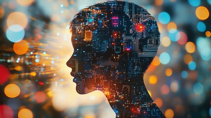 Double exposure of a human silhouette with semiconductor circuits, blending organic and digital realms, human semiconductor, tech fusion