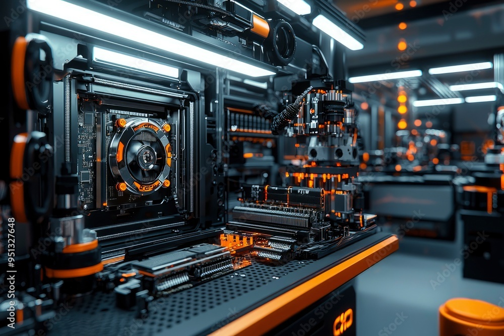 Poster futuristic computer system with cooling fan and circuitry