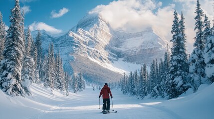 Majestic Snow-Capped Mountains and Skier in Winter Wonderland