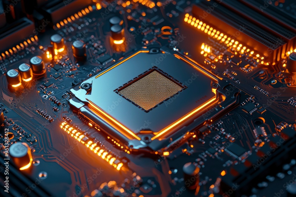 Poster illuminated cpu socket on a motherboard