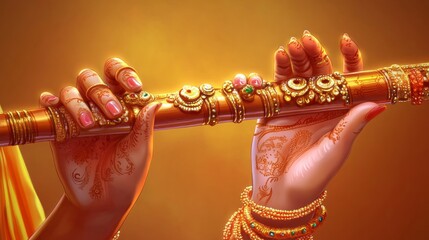 Vector illustration of flute in Krishna hands transparent background