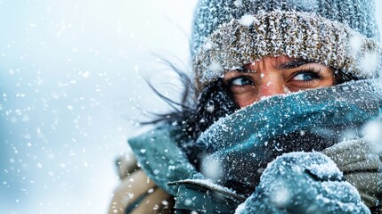 A woman bundled up in multiple layers of winter wear, struggling to walk through a severe blizzard, leaning forward into the wind, her face partially hidden by a hat and scarf.