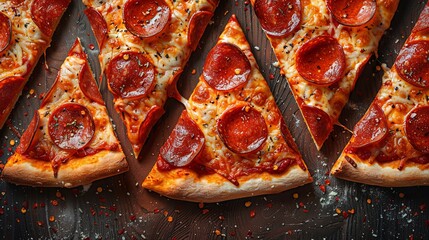 Repeatable pattern of triangle slices of pepperoni. Endless background with cut pieces of pizza with different filling, sauce. Traditional Italian food, cuisine. Flat seamless vector illustration