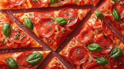 Repeatable pattern of triangle slices of pepperoni. Endless background with cut pieces of pizza with different filling, sauce. Traditional Italian food, cuisine. Flat seamless vector illustration